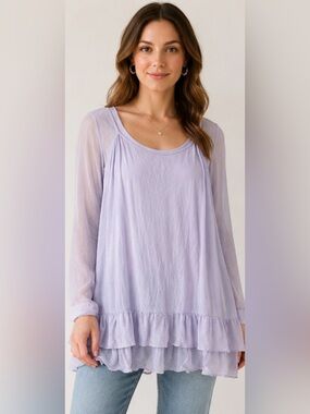 Soft Surroundings Silk Beach Blue Ruffle Hem Layered Tunic w/ Mesh Underlay Top